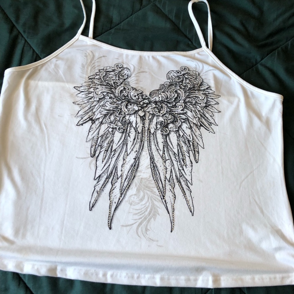 Source Unknown White Cami with Black Angel Wing Graphic